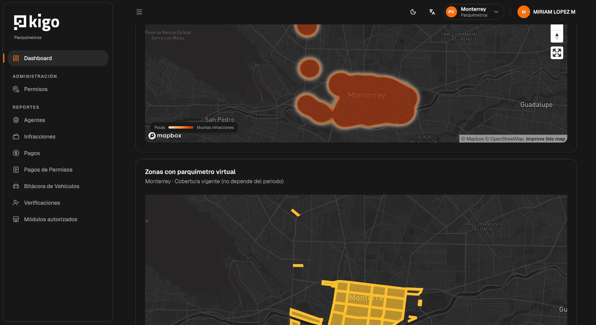 Mapa de calor de infracciones y polígonos de las zonas de Monterrey