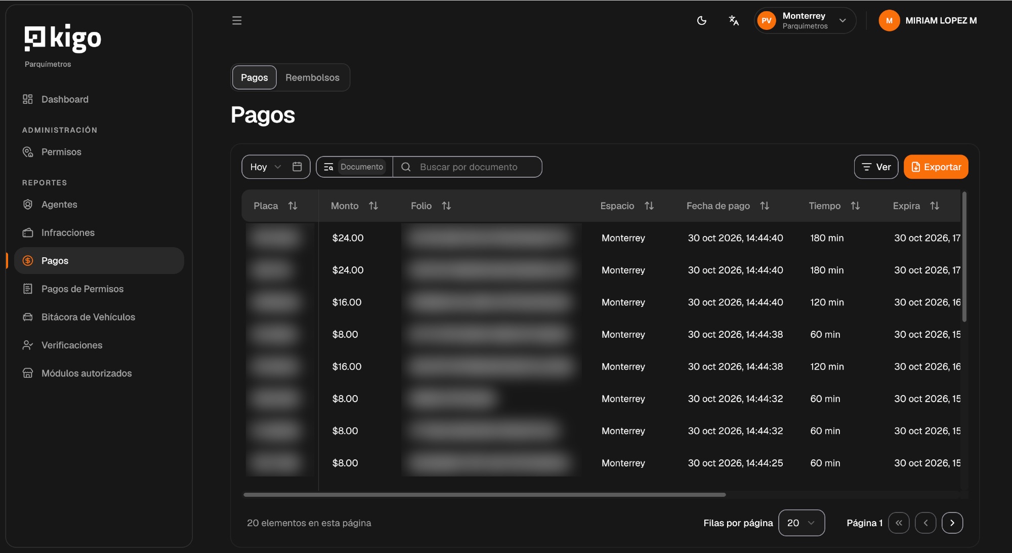 Tabla de pagos del día en Monterrey, con datos personales difuminados